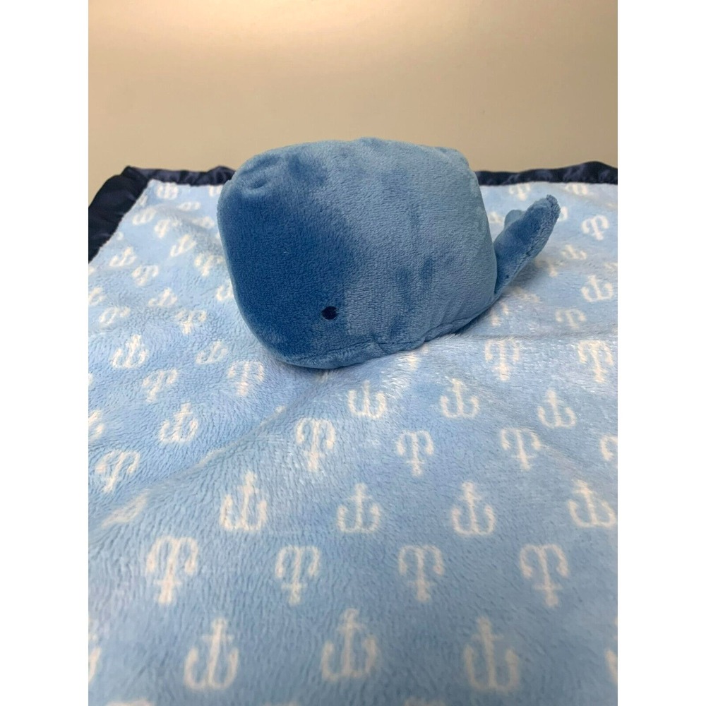 Cloud Island Blue Whale Baby Security Blanket Anchor Print Navy Satin Trim Lovey